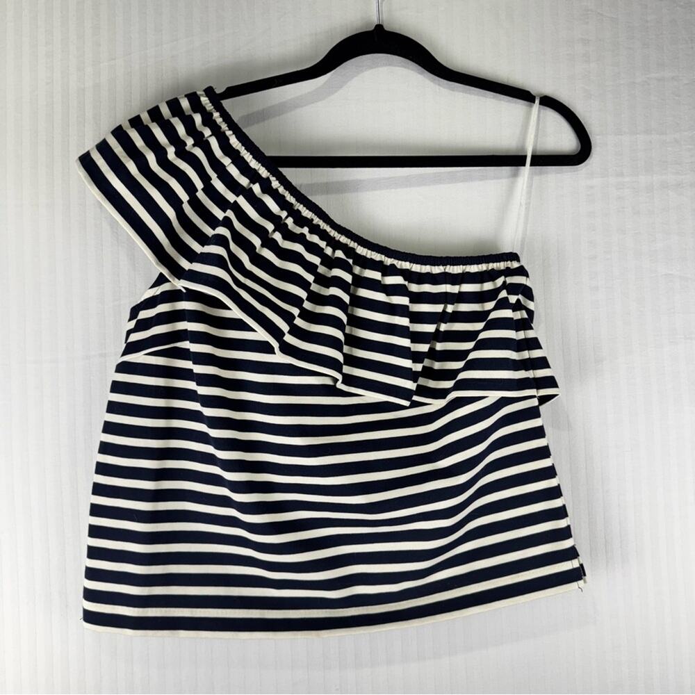 J. Crew One Shoulder Navy Blue/White Striped Nautical Blouse Ruffle Size Medium